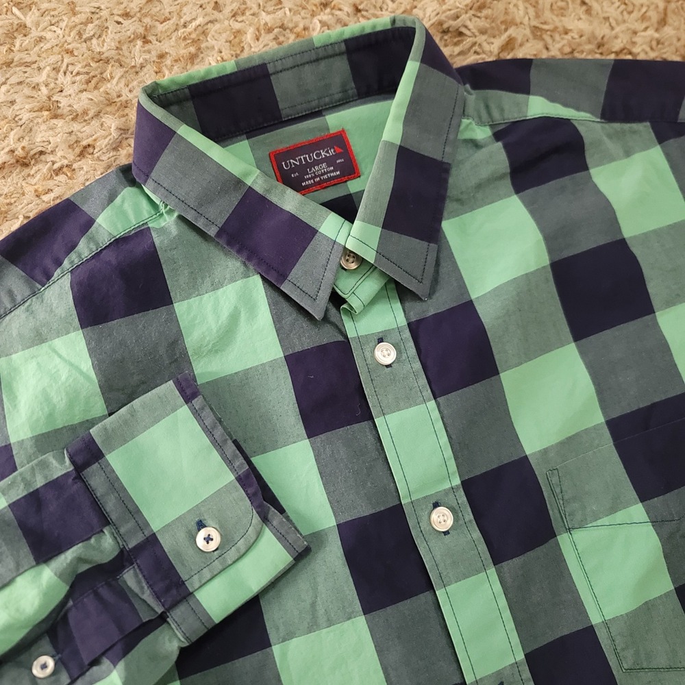 UNTUCKit Button Down Shirt Mens Large Green Navy Blue Buffalo Check Long Sleeve